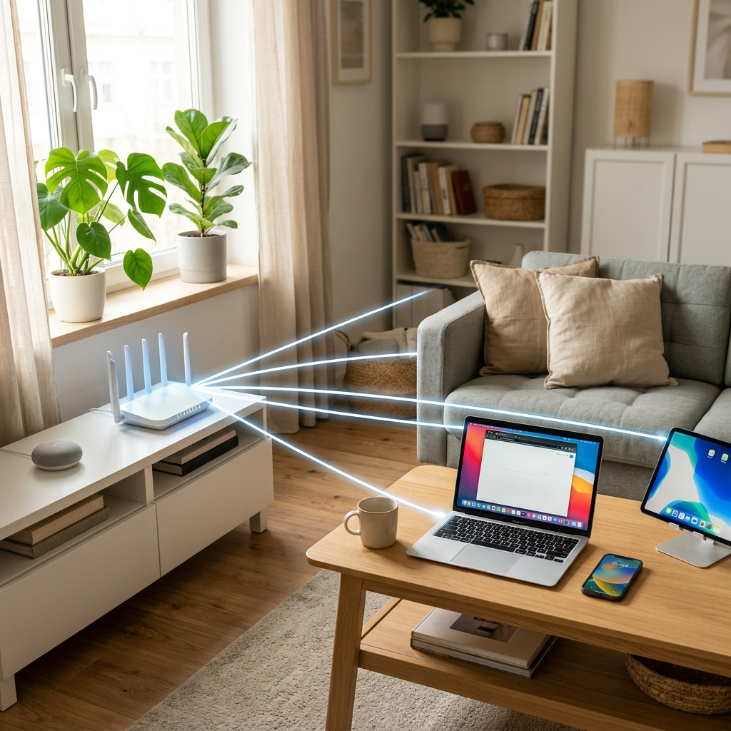 Wi-Fi router connecting a laptop, tablet, smartphone, and smart speaker