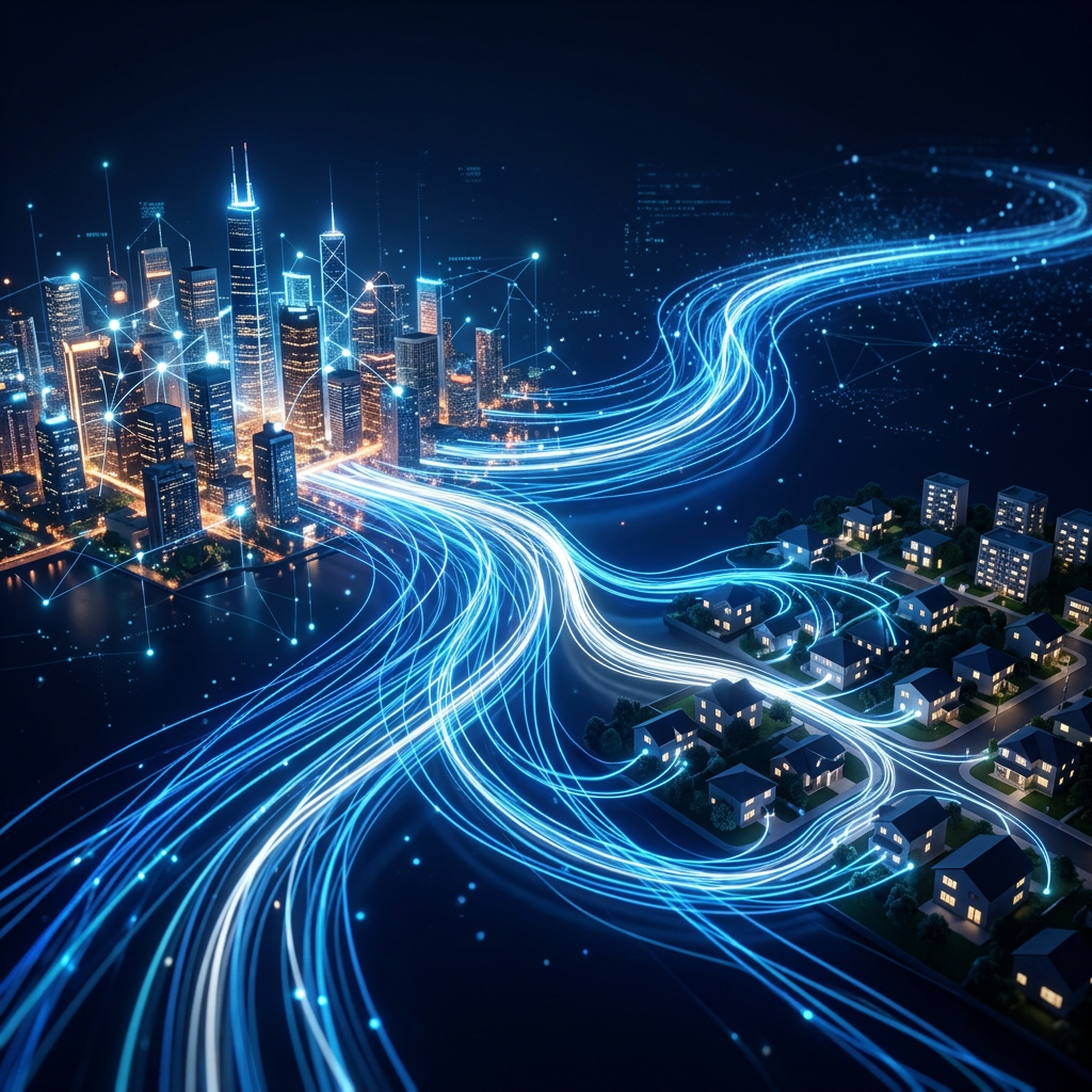 Glowing data pathways connecting a modern city and residential neighborhoods