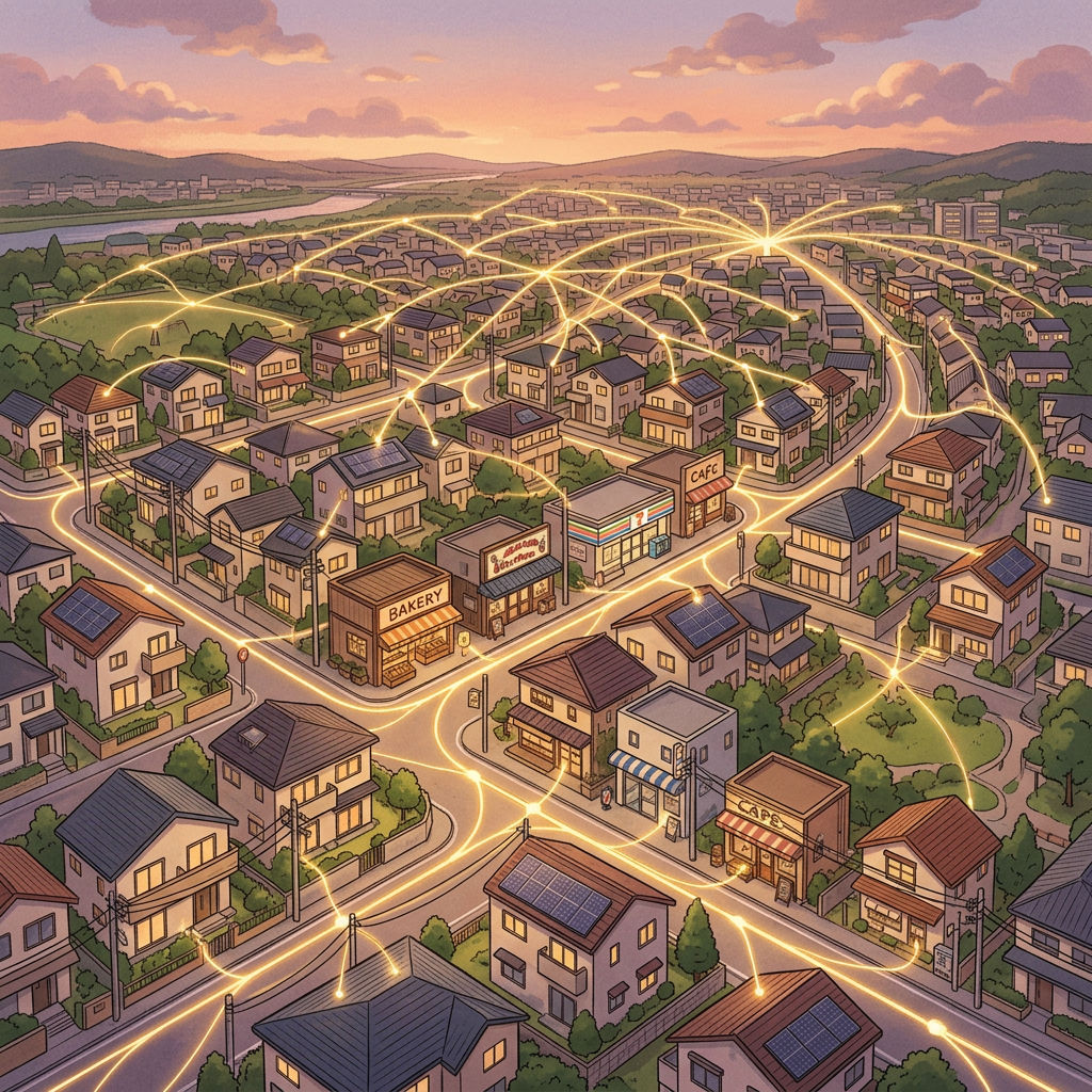 Illustrated neighborhood connected by glowing routes, with Bakery and Cafe signs